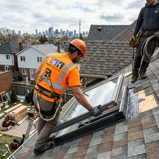 Professional skylight installer fitting new VELUX skylight on Toronto roof