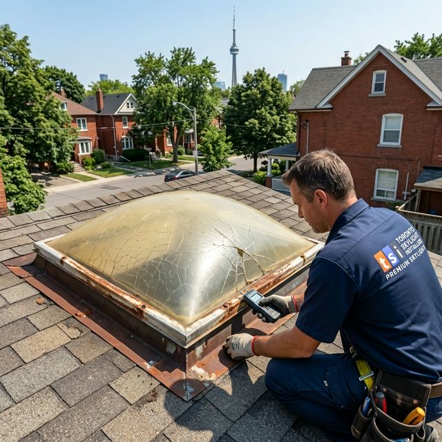 Old yellowed skylight being inspected for replacement in Toronto