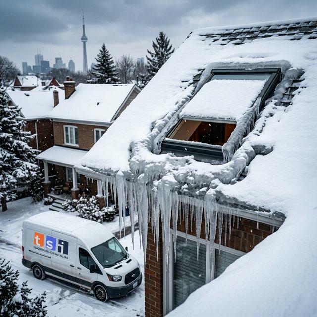 Ice dam formation around a leaking skylight on Toronto home in winter