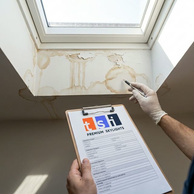 Water-stained ceiling around leaking skylight being inspected by Toronto Skylight Installers