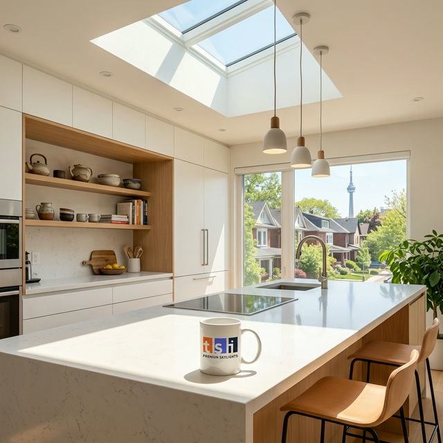 Modern Toronto kitchen flooded with natural light from VELUX skylight above island