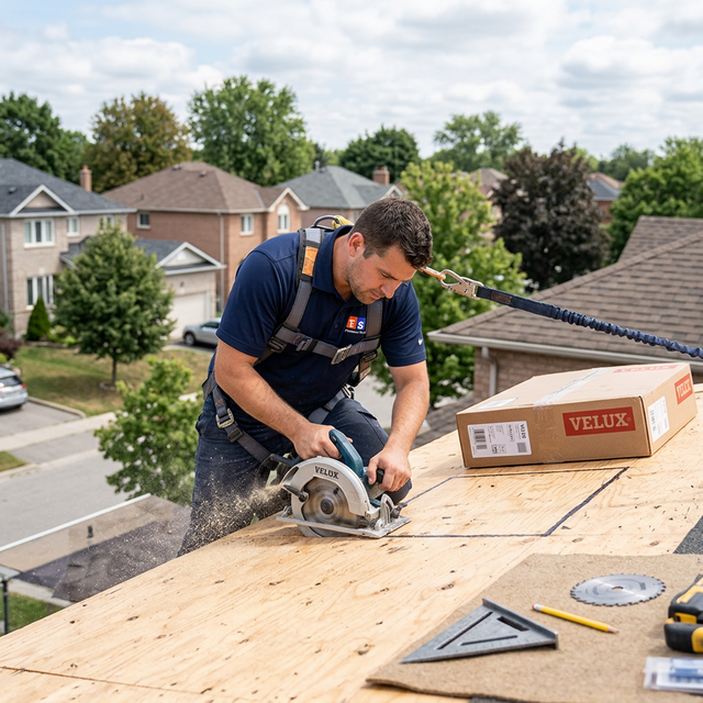 TSI branded installer cutting a roof opening for a new VELUX skylight installation