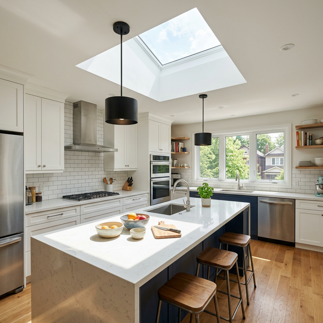 VELUX skylight installed above a Toronto kitchen island flooding it with natural light