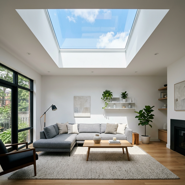 Large VELUX skylight flooding a Toronto living room with natural light