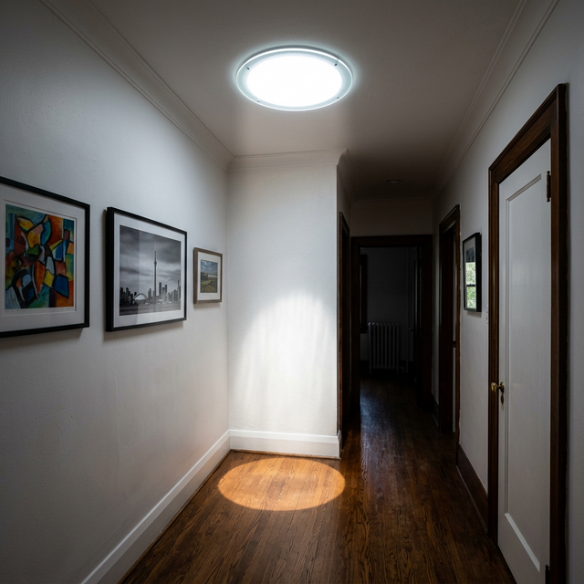 Sun tunnel bringing natural light into a dark interior hallway