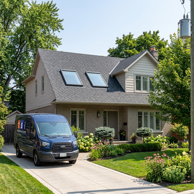 Toronto home exterior with two VELUX skylights and TSI branded work van