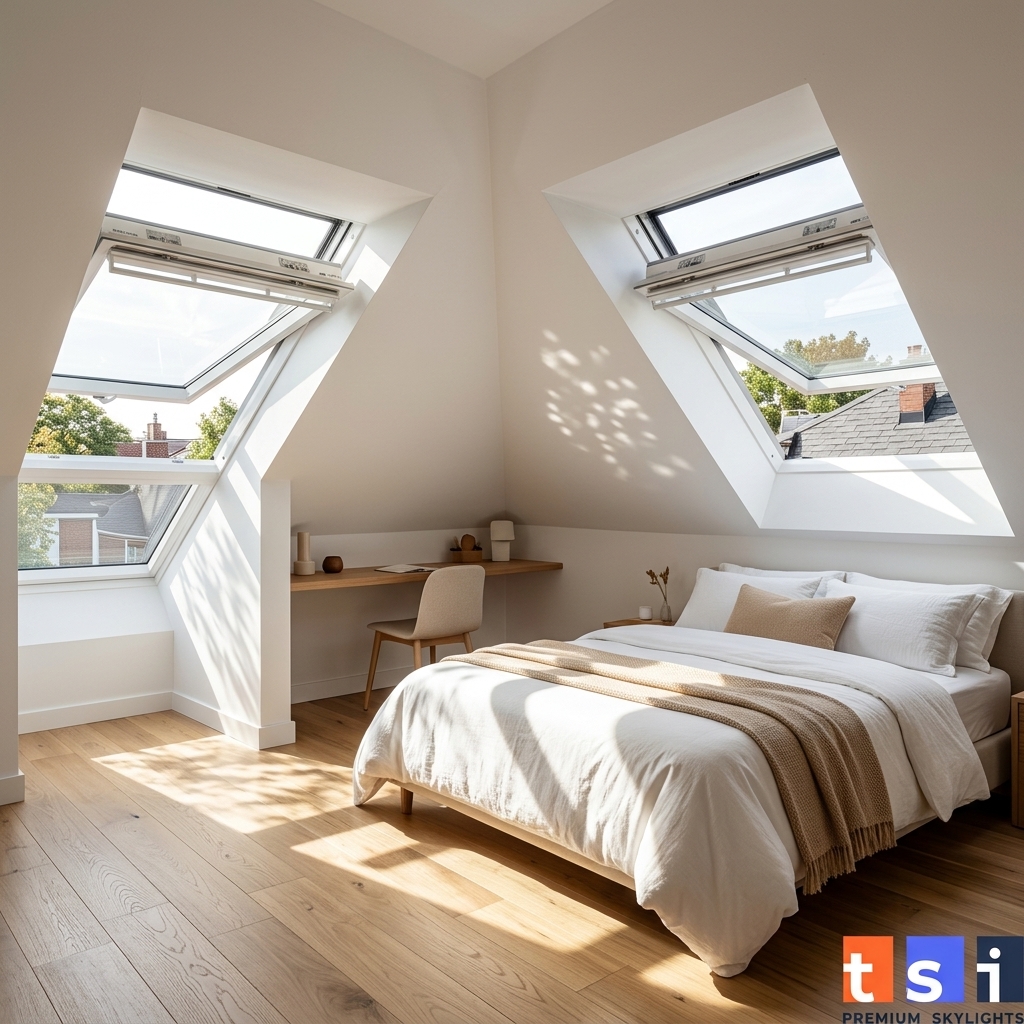 Bright attic bedroom conversion with VELUX skylights flooding room with natural light in Toronto home