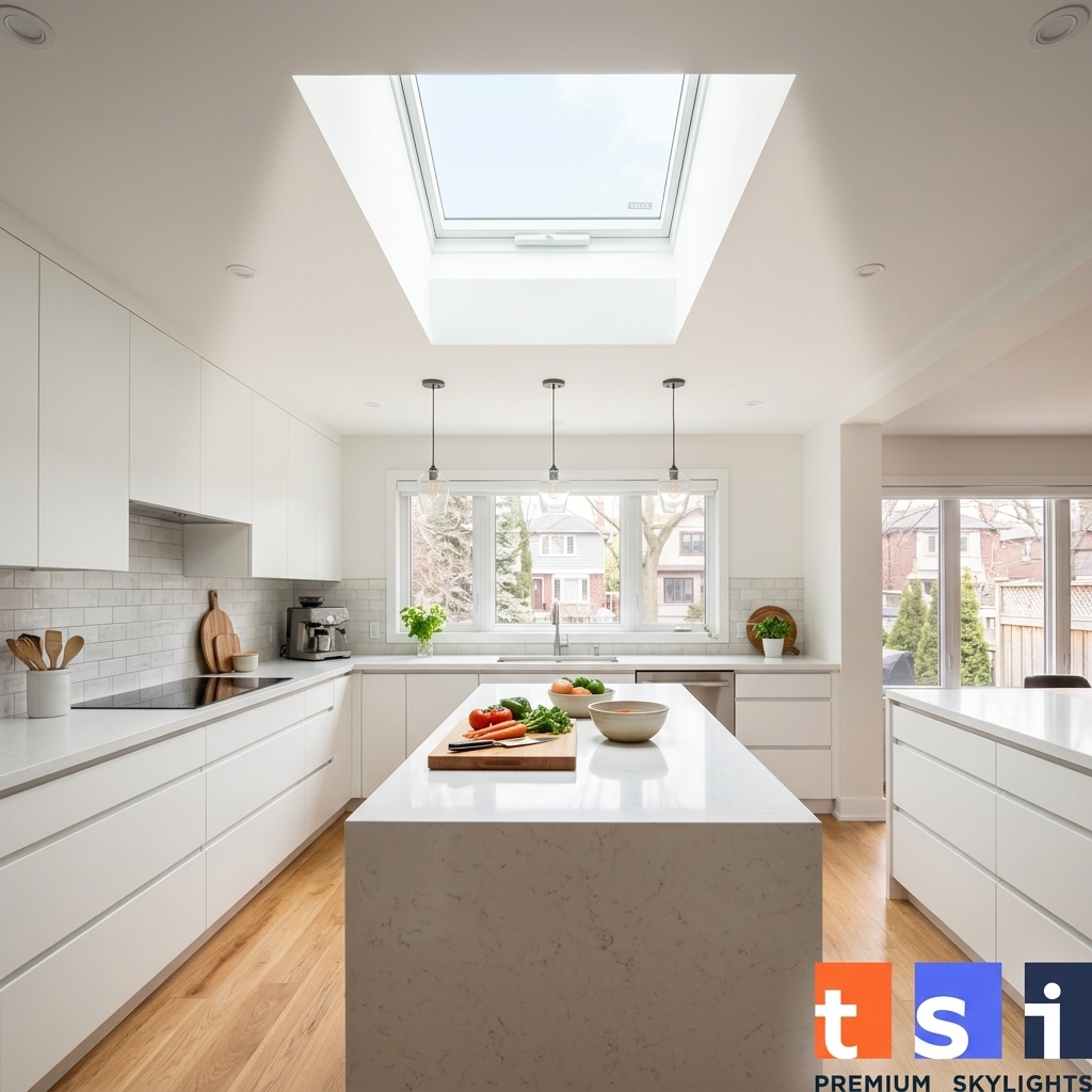 Perfect skylight placement above kitchen island in Toronto home for maximum natural light