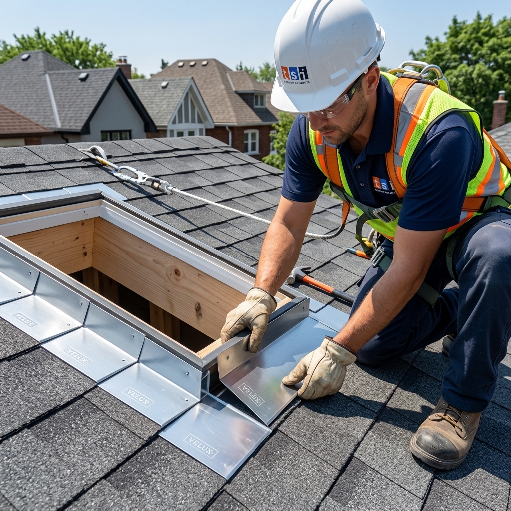 Toronto Skylight Installers technician installing VELUX step flashing around skylight on Toronto roof