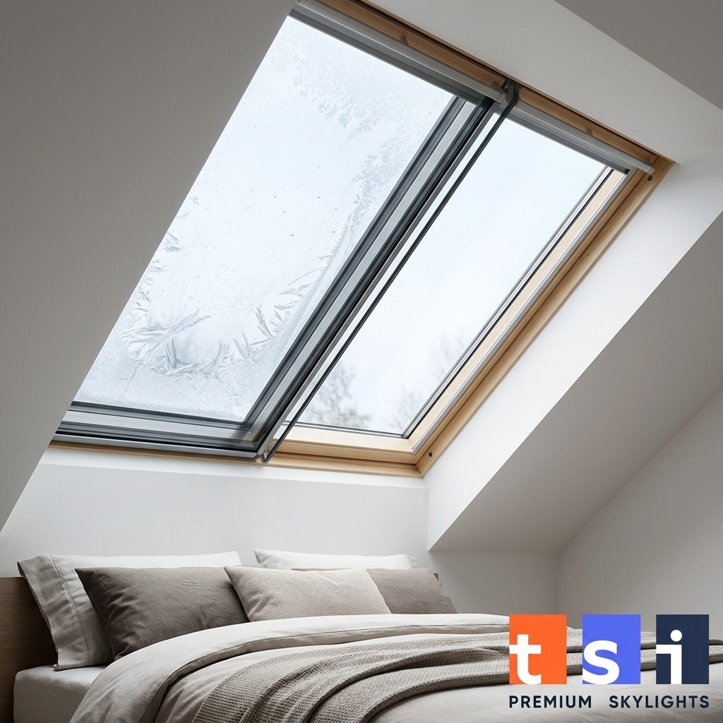 VELUX triple-pane skylight showing frost on exterior but condensation-free interior in Toronto winter