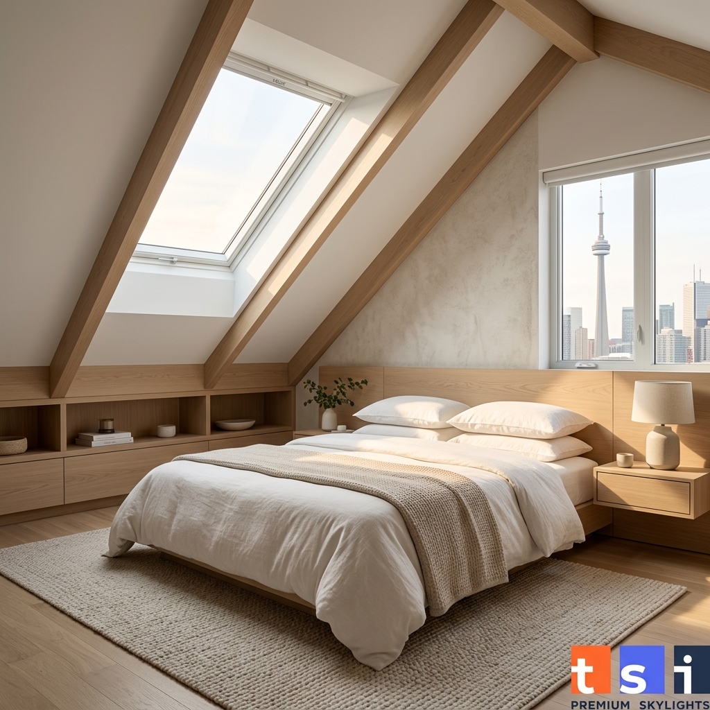 Modern Toronto master bedroom with VELUX skylight installed in sloped ceiling with natural morning light and CN Tower view