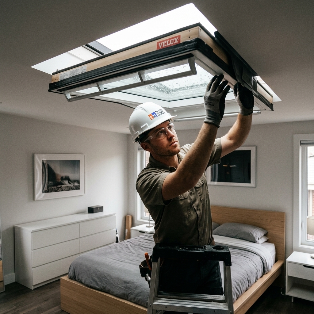 Toronto Skylight Installers worker installing VELUX fresh-air skylight in bedroom ceiling with PPE and safety equipment
