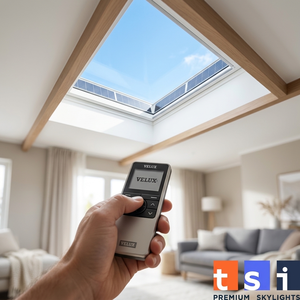 Homeowner using VELUX remote control touchpad to operate solar powered skylight in Toronto living room