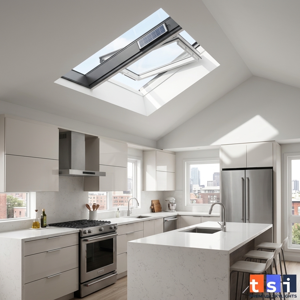 VELUX solar powered fresh air skylight open in modern Toronto kitchen with solar panel visible on frame