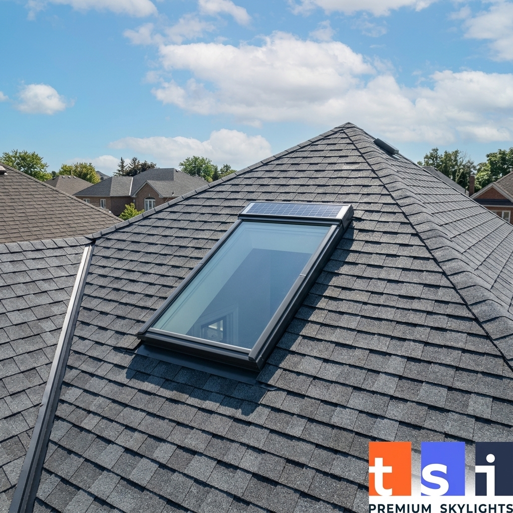 VELUX solar powered skylight with integrated solar panel on Toronto residential roof with asphalt shingles