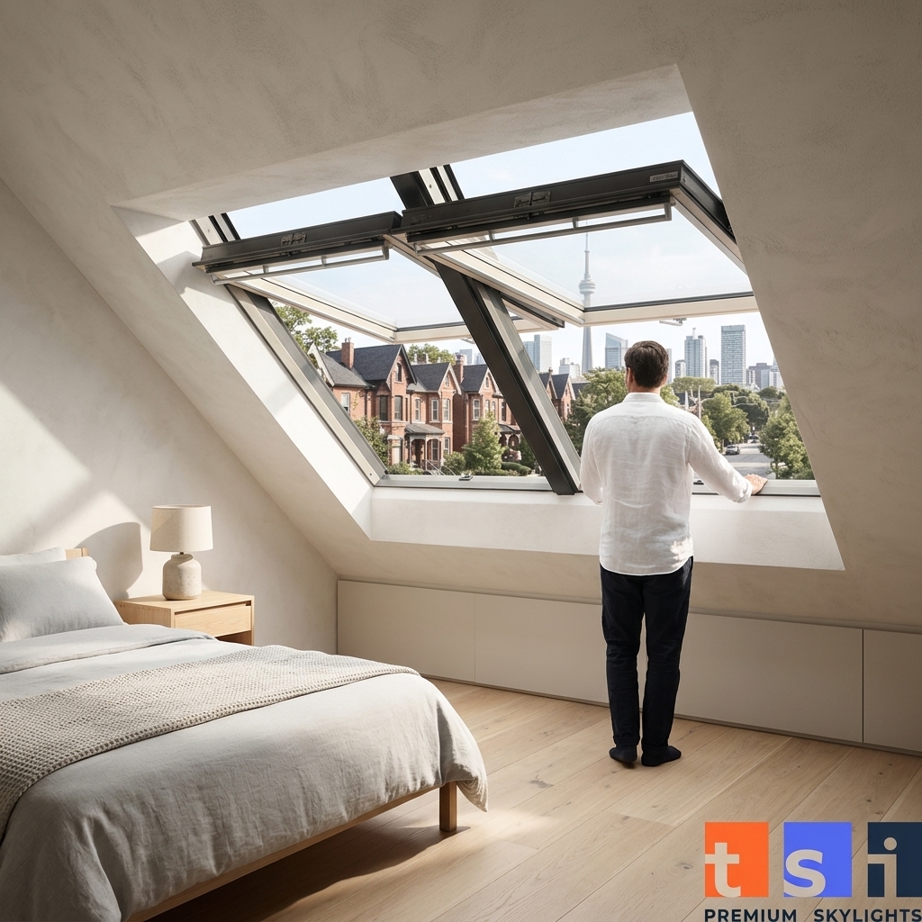 VELUX centre-pivot roof window in Toronto loft bedroom with person looking out at neighbourhood view