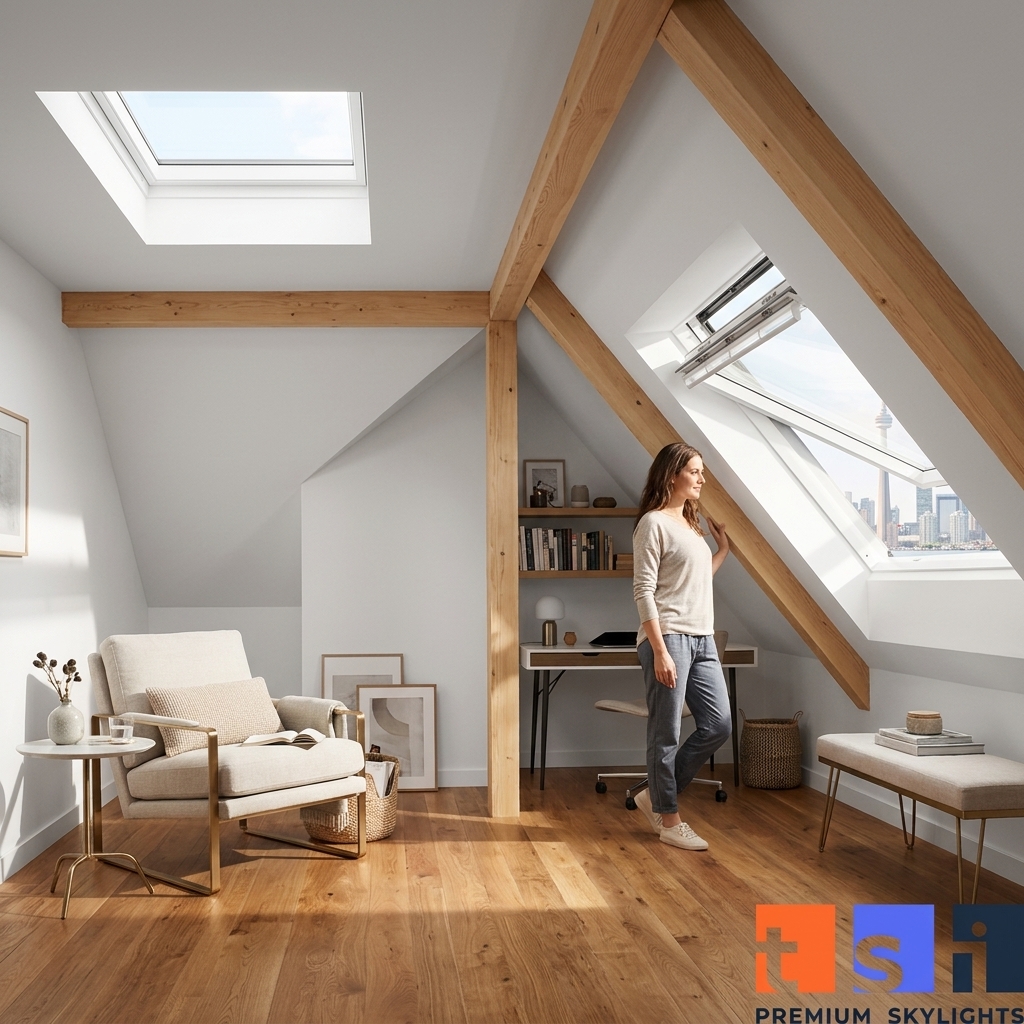 Modern Toronto loft showing both a skylight and a roof window demonstrating the difference between the two