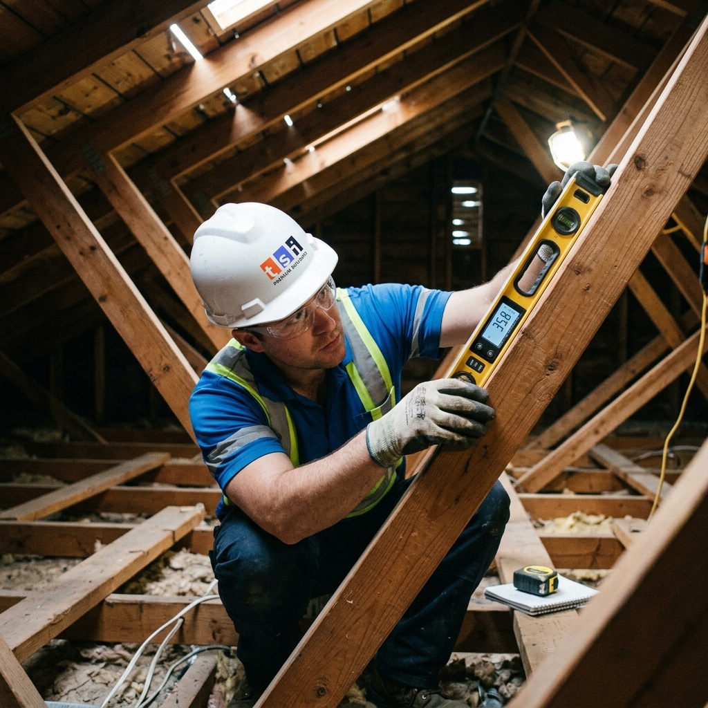 Toronto Skylight Installers worker measuring roof slope angle in attic with digital level for skylight suitability