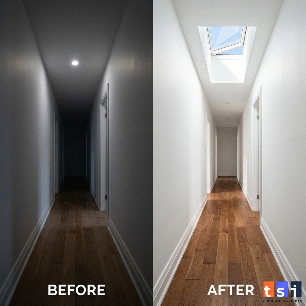 Before and after comparison of dark Toronto hallway transformed by VELUX skylight installation with natural light