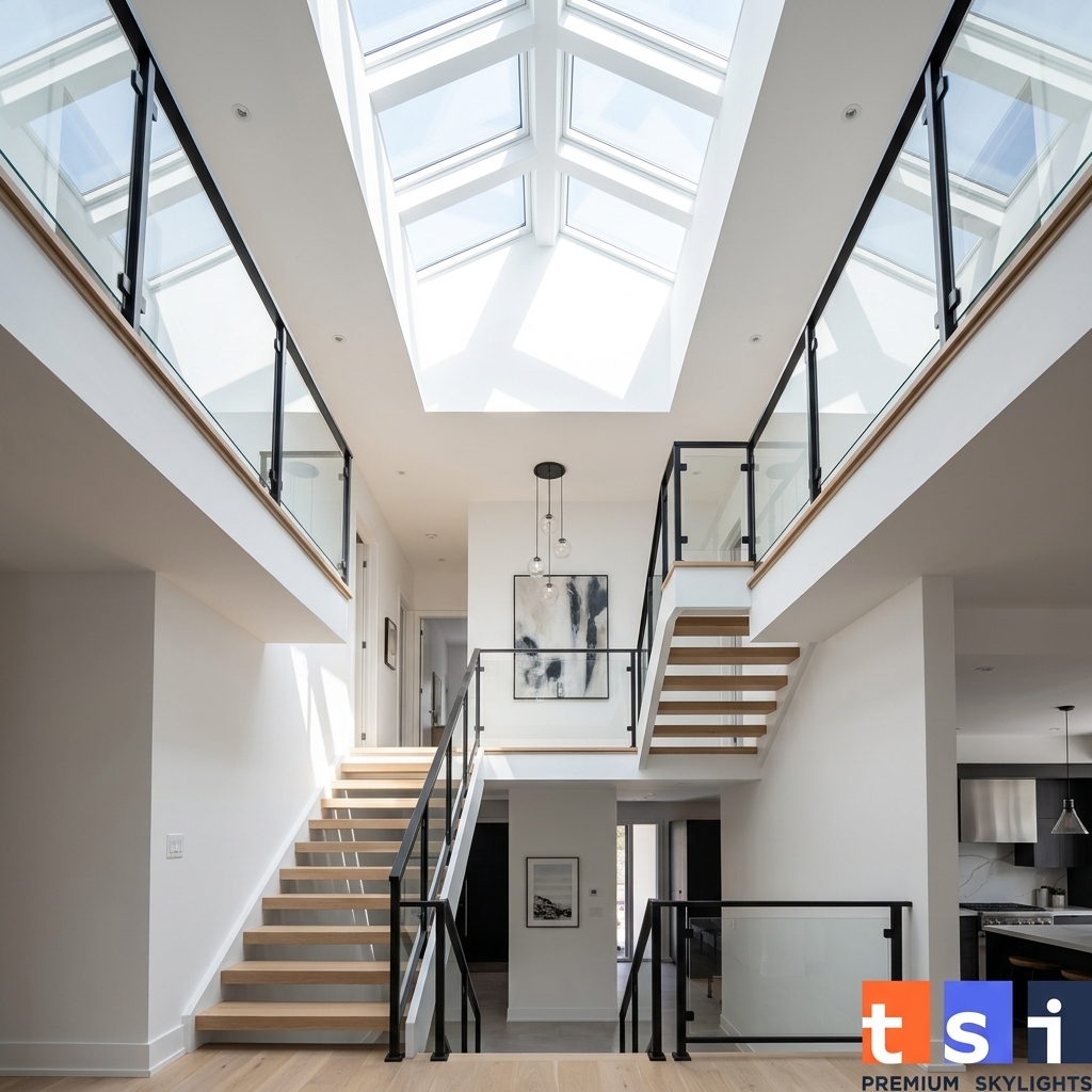 Multi-story Toronto home stairwell flooded with natural light from large VELUX skylights above