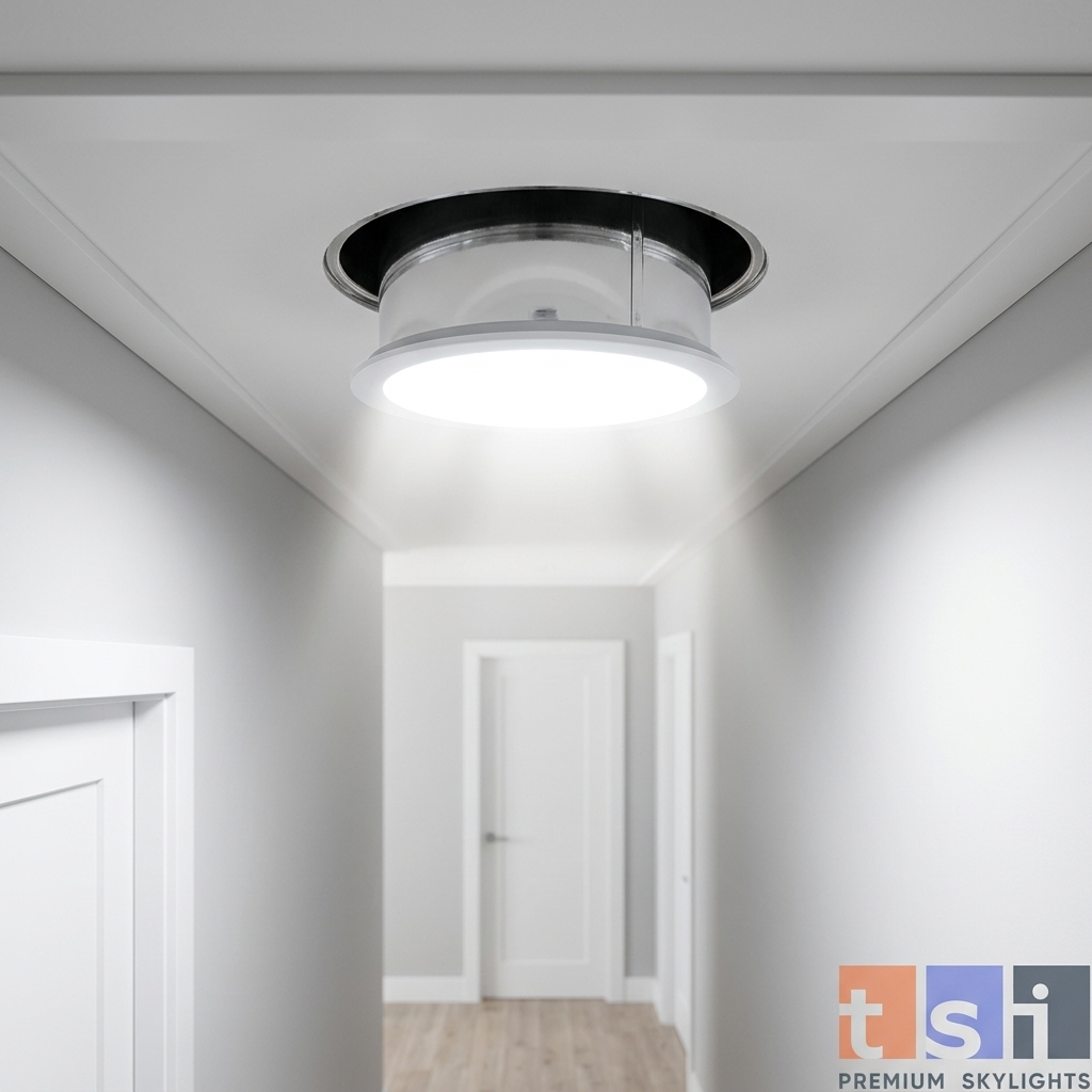 VELUX sun tunnel ceiling diffuser emitting bright natural light in Toronto home hallway