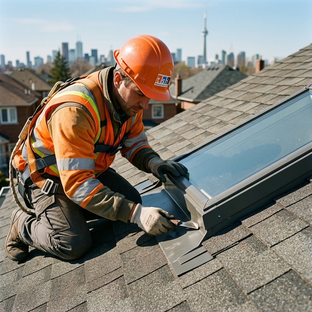 Toronto Skylight Installers worker inspecting flashing around VELUX skylight on residential roof with Toronto skyline