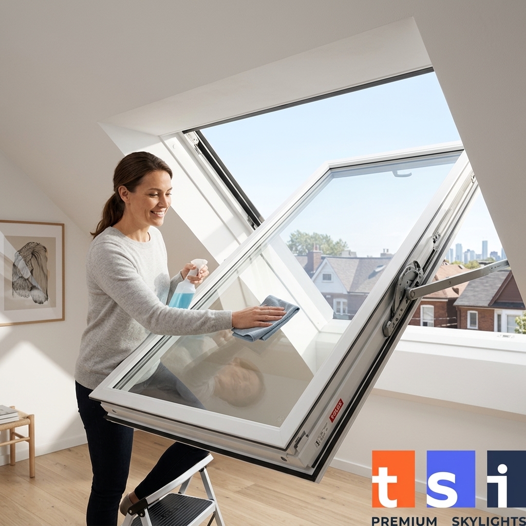 Homeowner cleaning exterior glass of VELUX skylight from inside by rotating sash 180 degrees in Toronto home