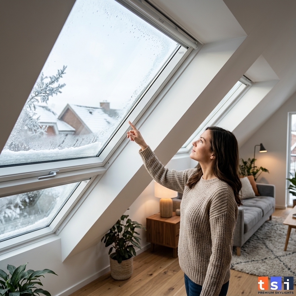 Toronto homeowner checking VELUX skylight for winter condensation with frost visible on exterior glass