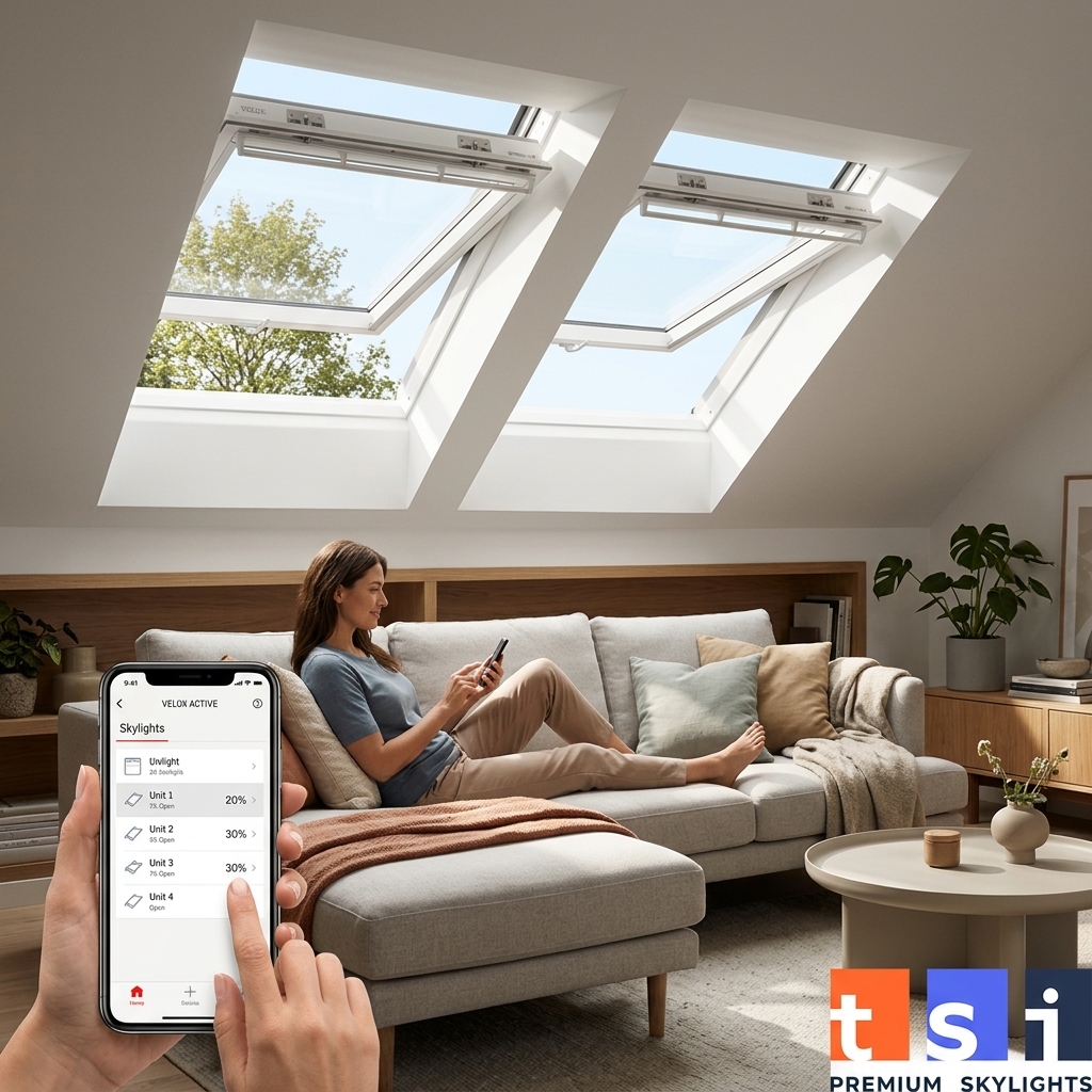 Toronto homeowner controlling multiple VELUX skylights via VELUX ACTIVE smartphone app from living room couch