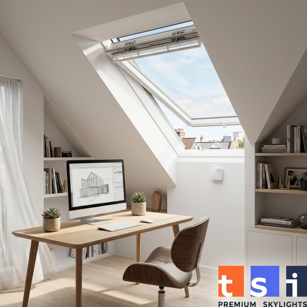 Toronto home office with VELUX skylight automatically opened by VELUX ACTIVE system with climate sensor on wall
