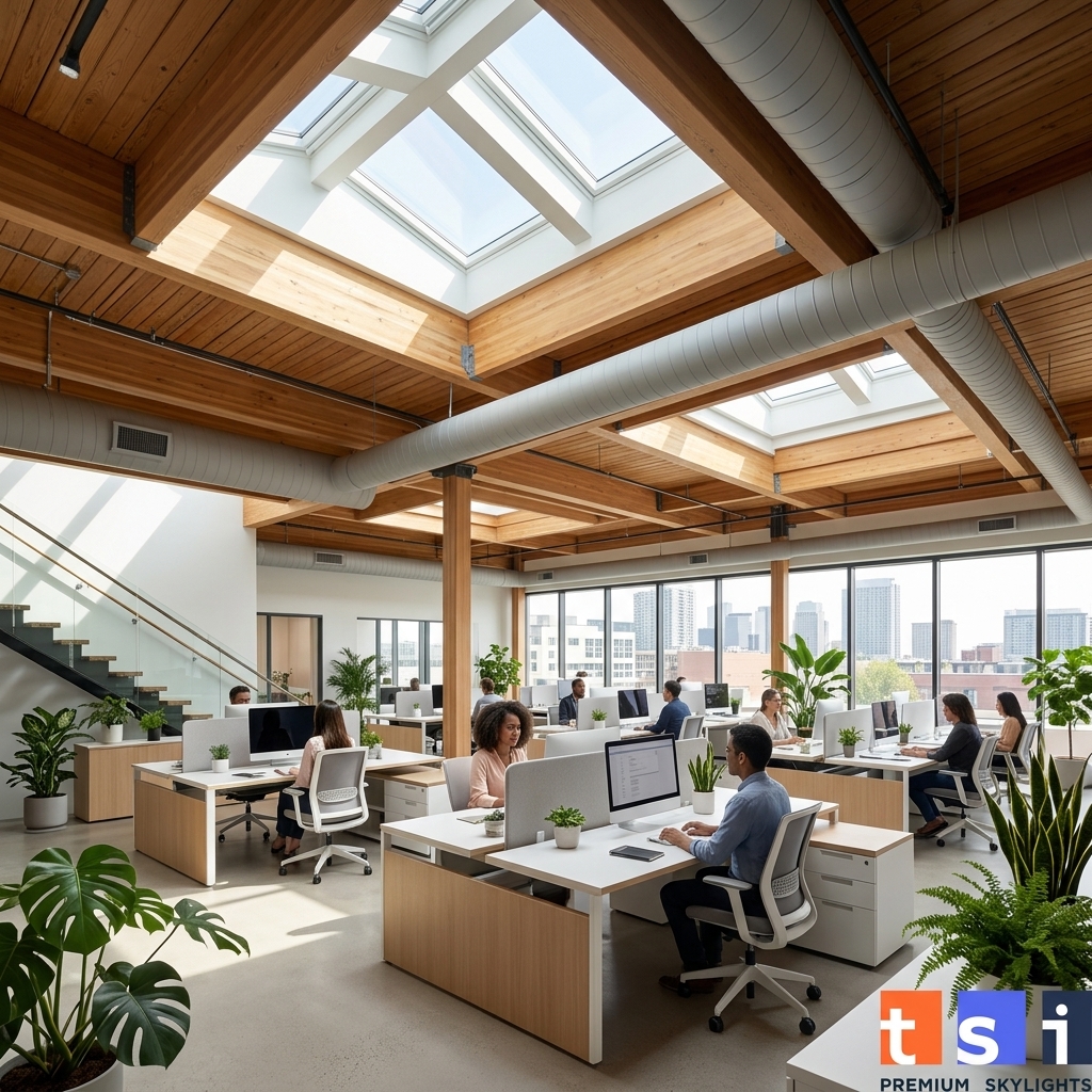Modern Toronto commercial office with multiple VELUX skylights in ceiling providing natural light to open-plan workspace
