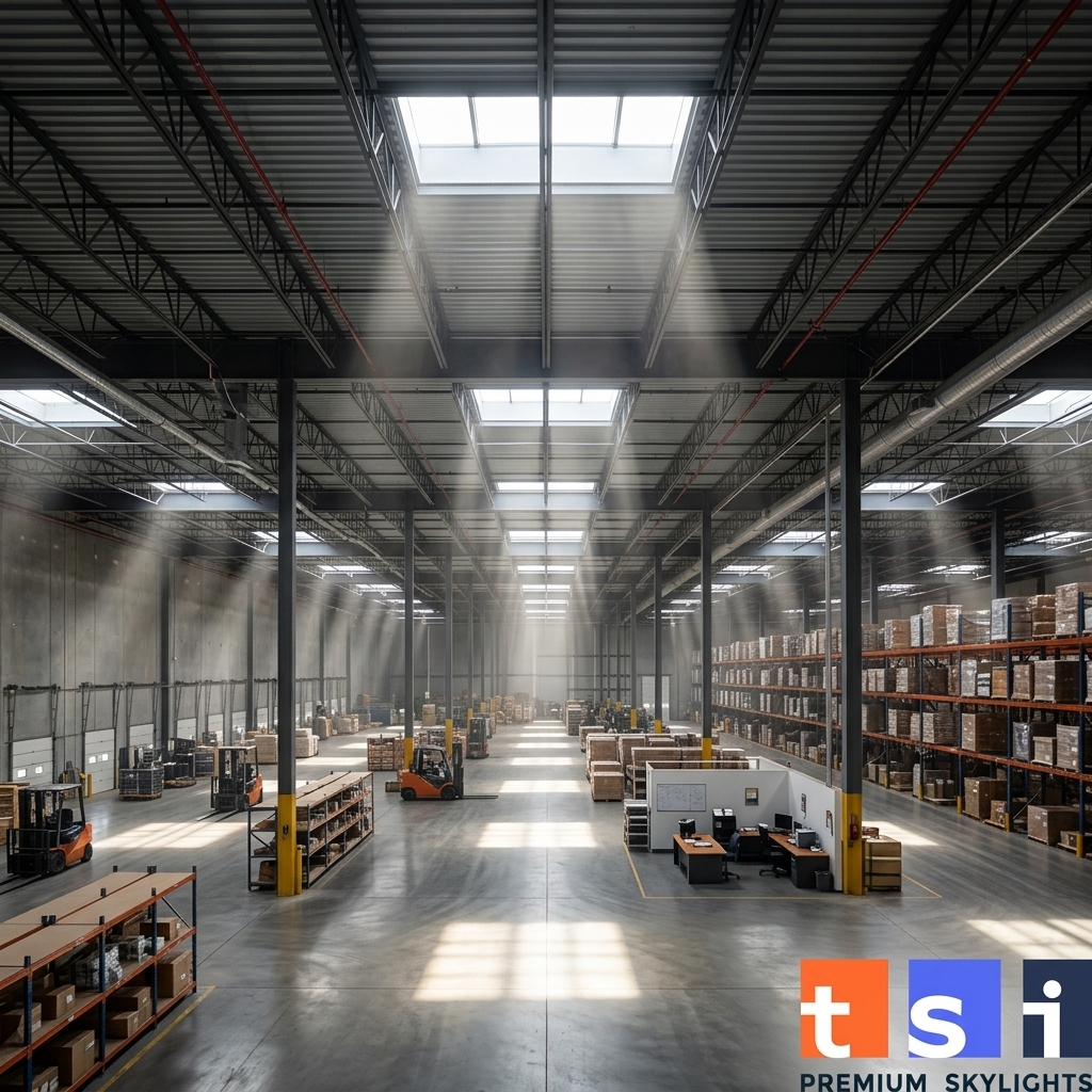Toronto commercial warehouse with large skylights in flat roof providing dramatic natural light to industrial space