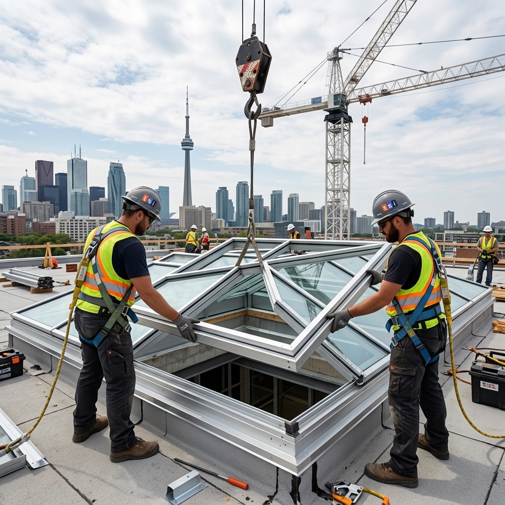Toronto Skylight Installers workers installing large commercial skylight on flat roof with CN Tower and Toronto skyline