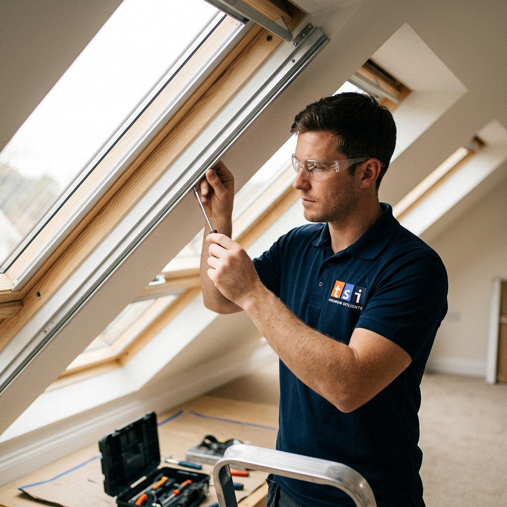 An elite Toronto Skylight Installers technician meticulously interweaving heavy-duty VELUX step flashing with thick architectural asphalt shingles on a steep roof.