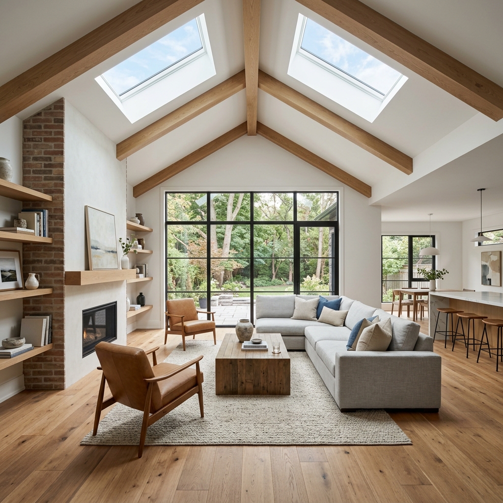 A flawlessly executed, incredibly massive custom structural ridge skylight running the entire 30-foot length of a highly modern Toronto luxury home.