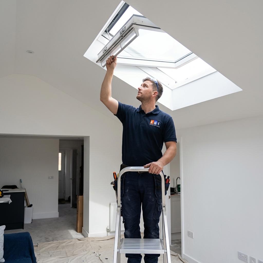 A highly specialized roofing technician aggressively rolling out a massive, thick layer of black rubberized Ice and Water shield directly around the raw wooden curb of a new skylight installation.