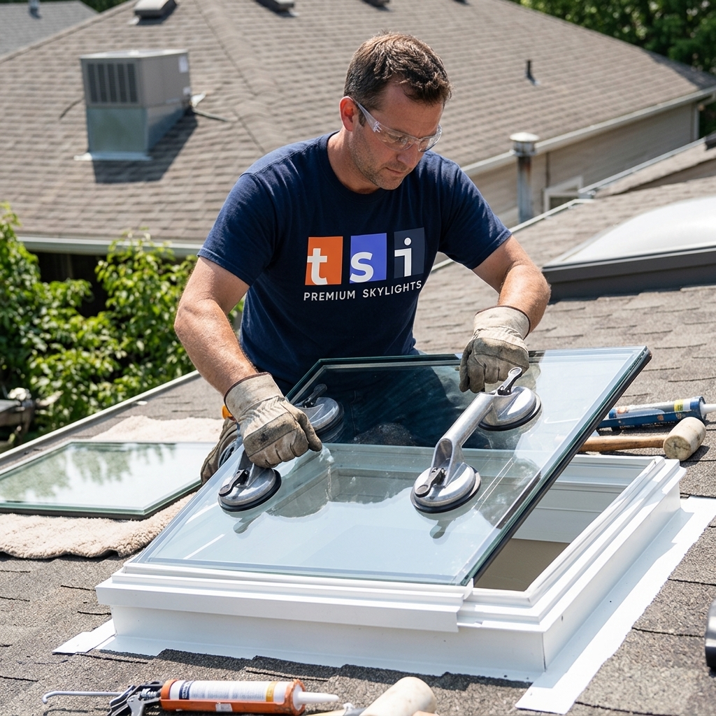 A highly specialized roofing technician carefully assembling massive sections of incredibly reflective, mirror-like aluminum tubing inside a dark Toronto attic during a sun tunnel installation.