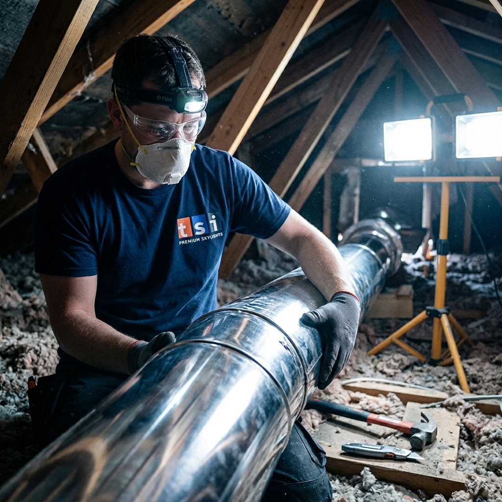 A highly specialized VELUX installation technician demonstrating the massive, completely unobstructed opening of a heavy-duty egress roof window during a Toronto attic conversion.