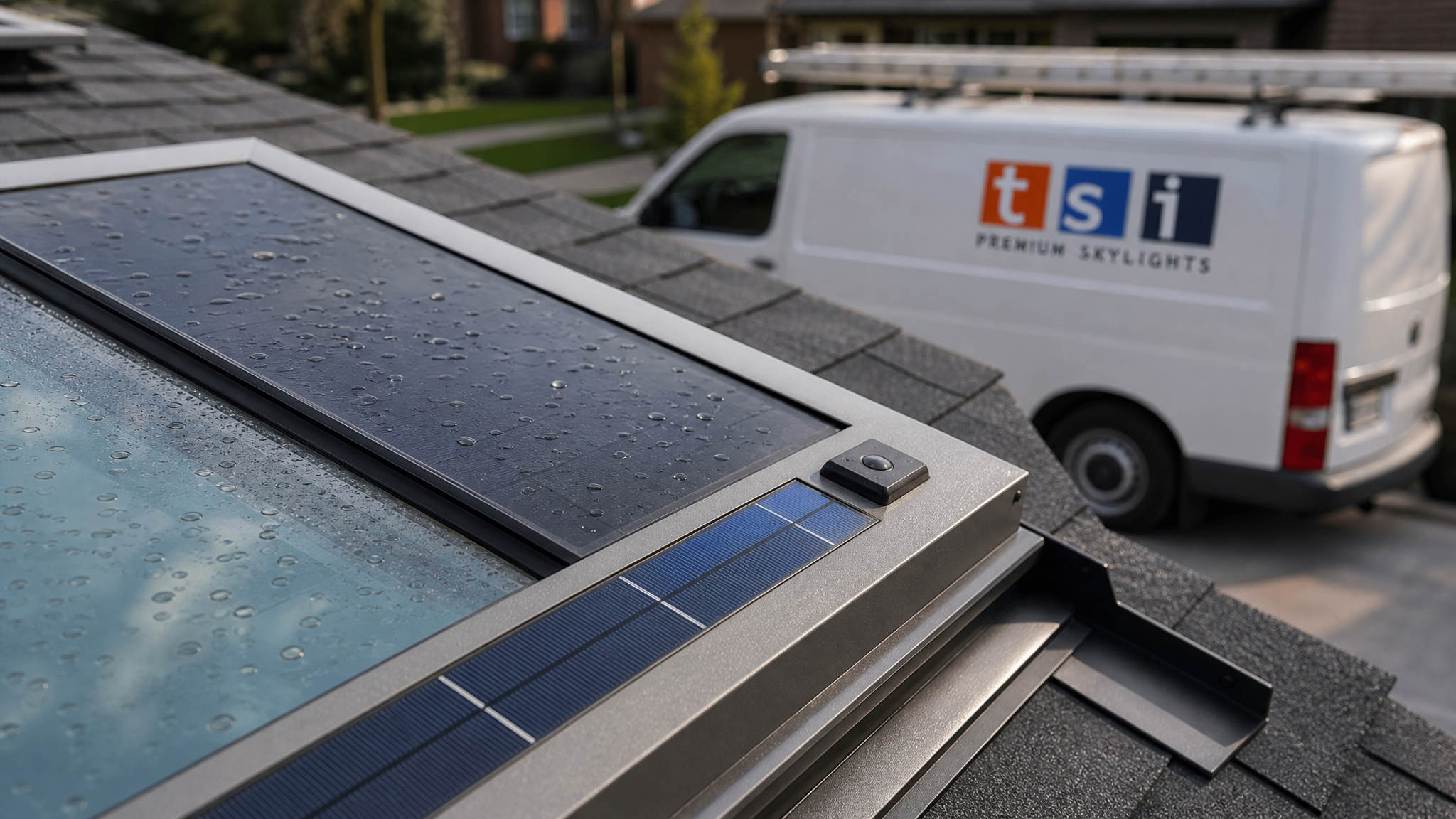 Close-up of the solar panel and rain sensor on the frame of a VELUX No Leak Solar Fresh Air skylight