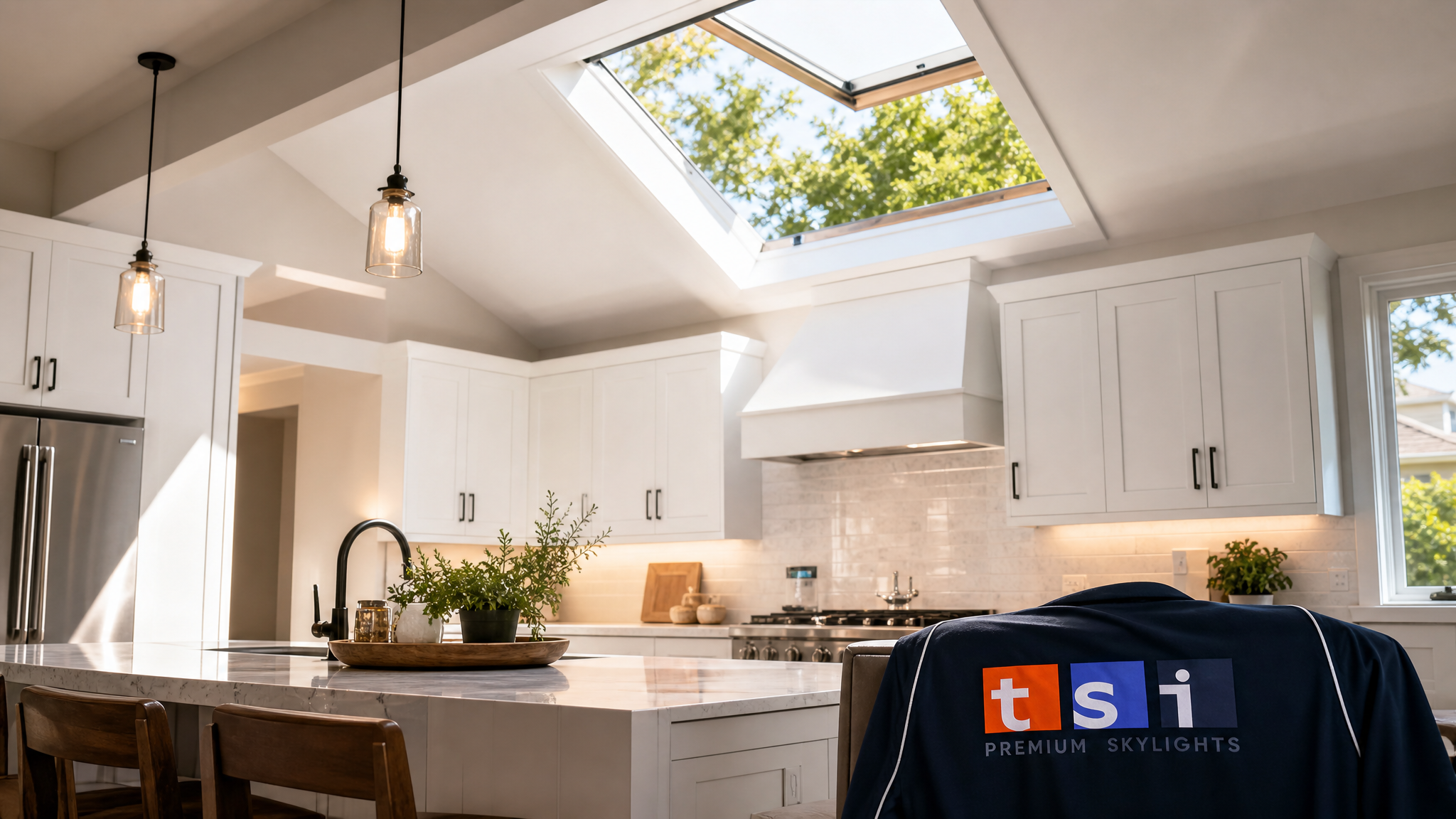 VELUX No Leak Solar Fresh Air skylight installed in a bright Toronto home kitchen ceiling letting in natural daylight