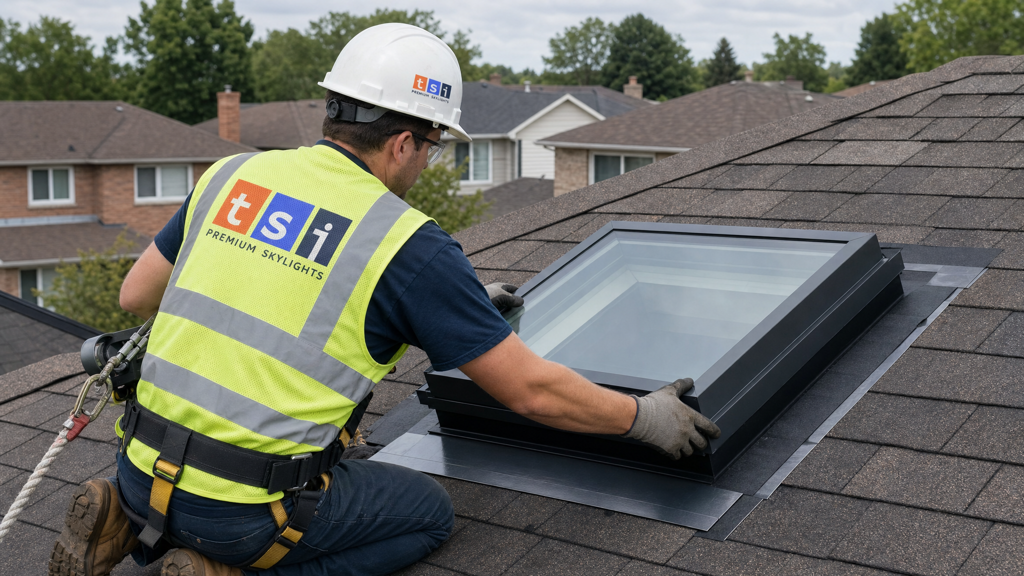 Skylight installer wearing a fall-protection harness fitting a VELUX skylight onto a residential asphalt-shingle roof in Toronto
