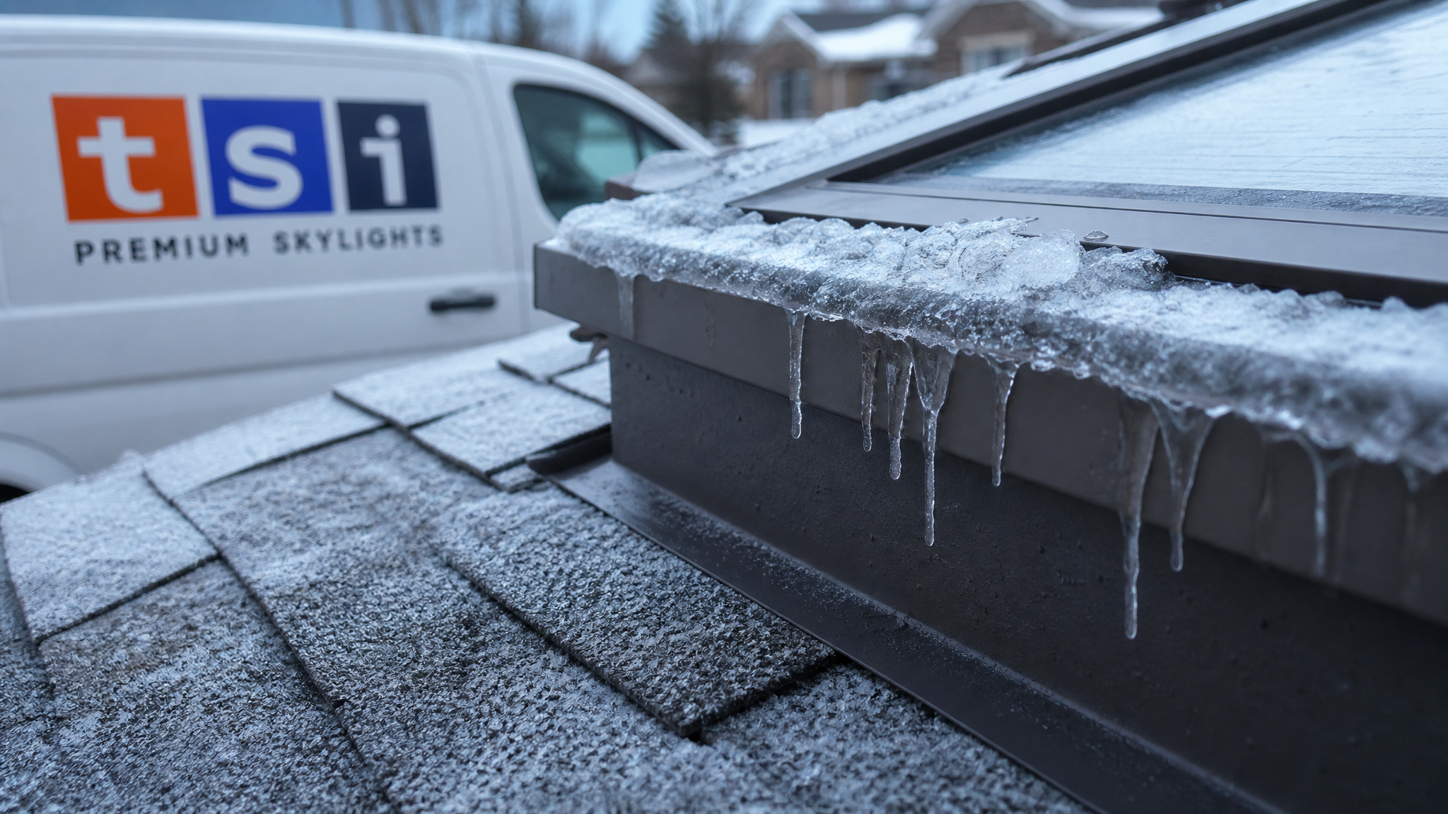 Close-up of an ice dam and snowmelt collecting along the upper flashing of a residential skylight curb