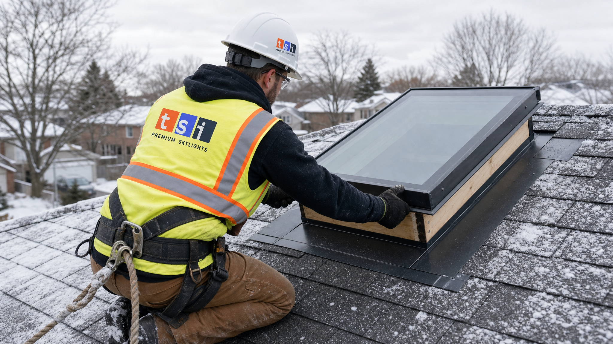 Skylight installer in a fall-protection harness fitting a VELUX skylight curb on a residential GTA roof