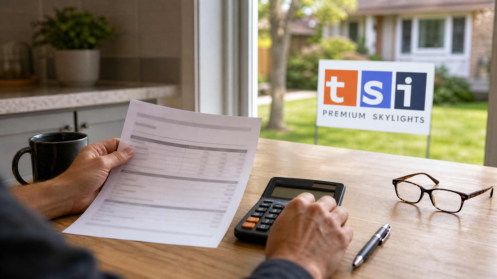 Close-up of a homeowner reviewing a skylight financing payment plan and invoice on a kitchen table