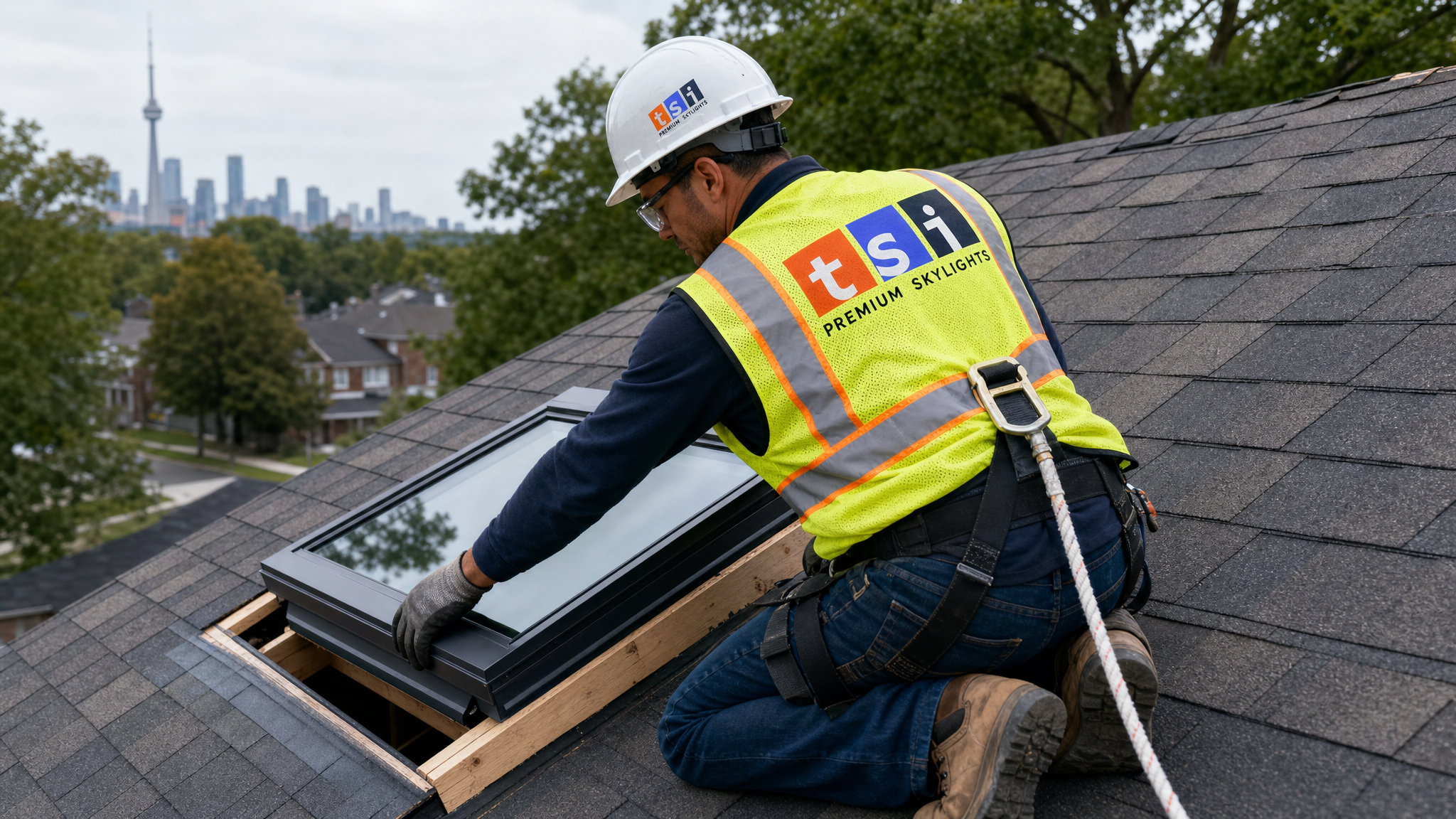 Skylight installer in a fall-protection harness fitting a VELUX skylight on a Toronto residential roof