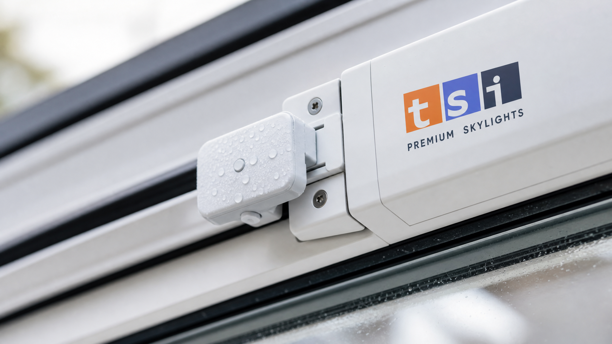 Close-up of a VELUX solar blind controller and rain sensor module on a skylight frame