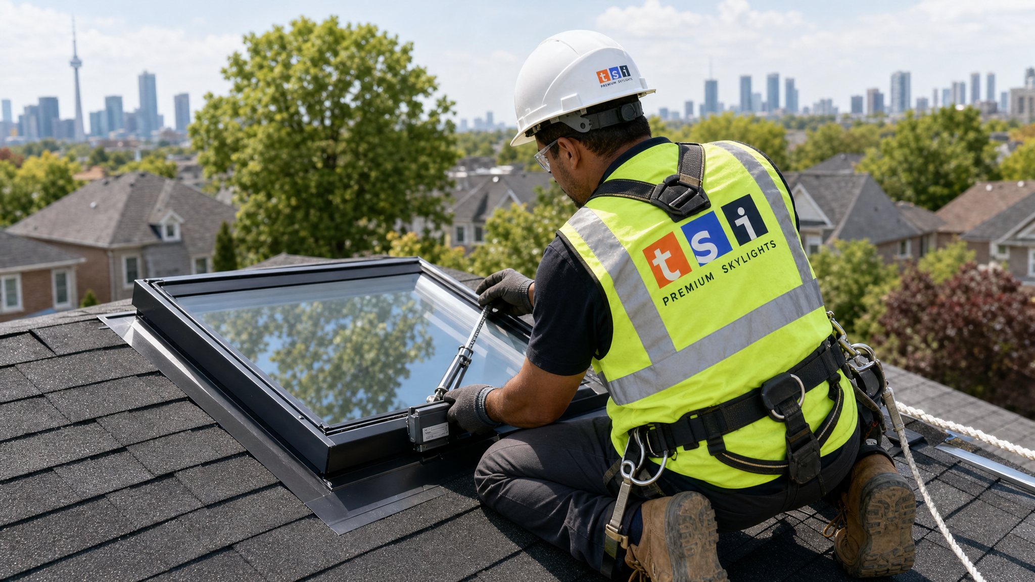 Skylight installer in a fall-protection harness fitting a VELUX skylight and its operator on a Toronto residential roof