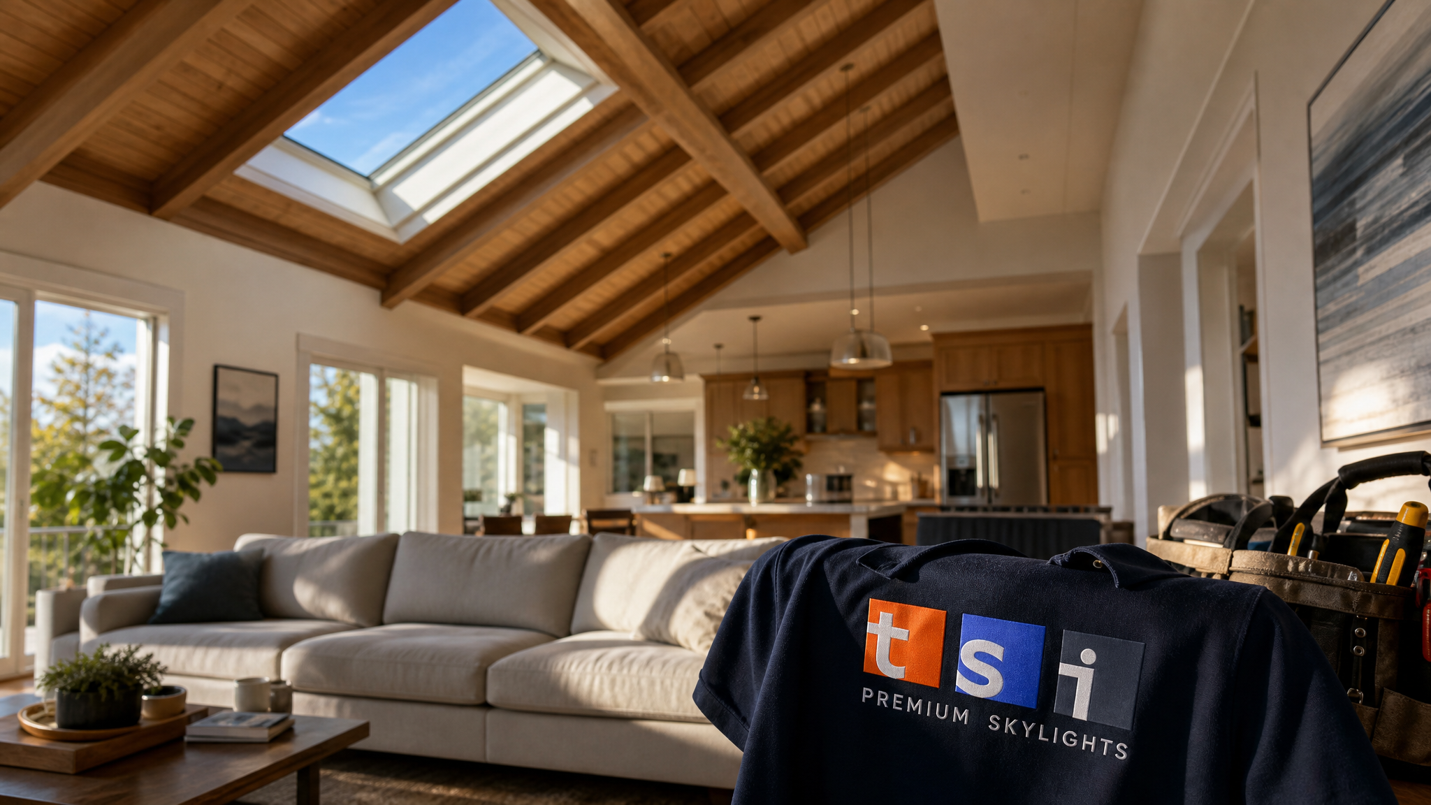 Bright skylight in a cathedral ceiling Toronto living room flooding a vaulted space with natural daylight