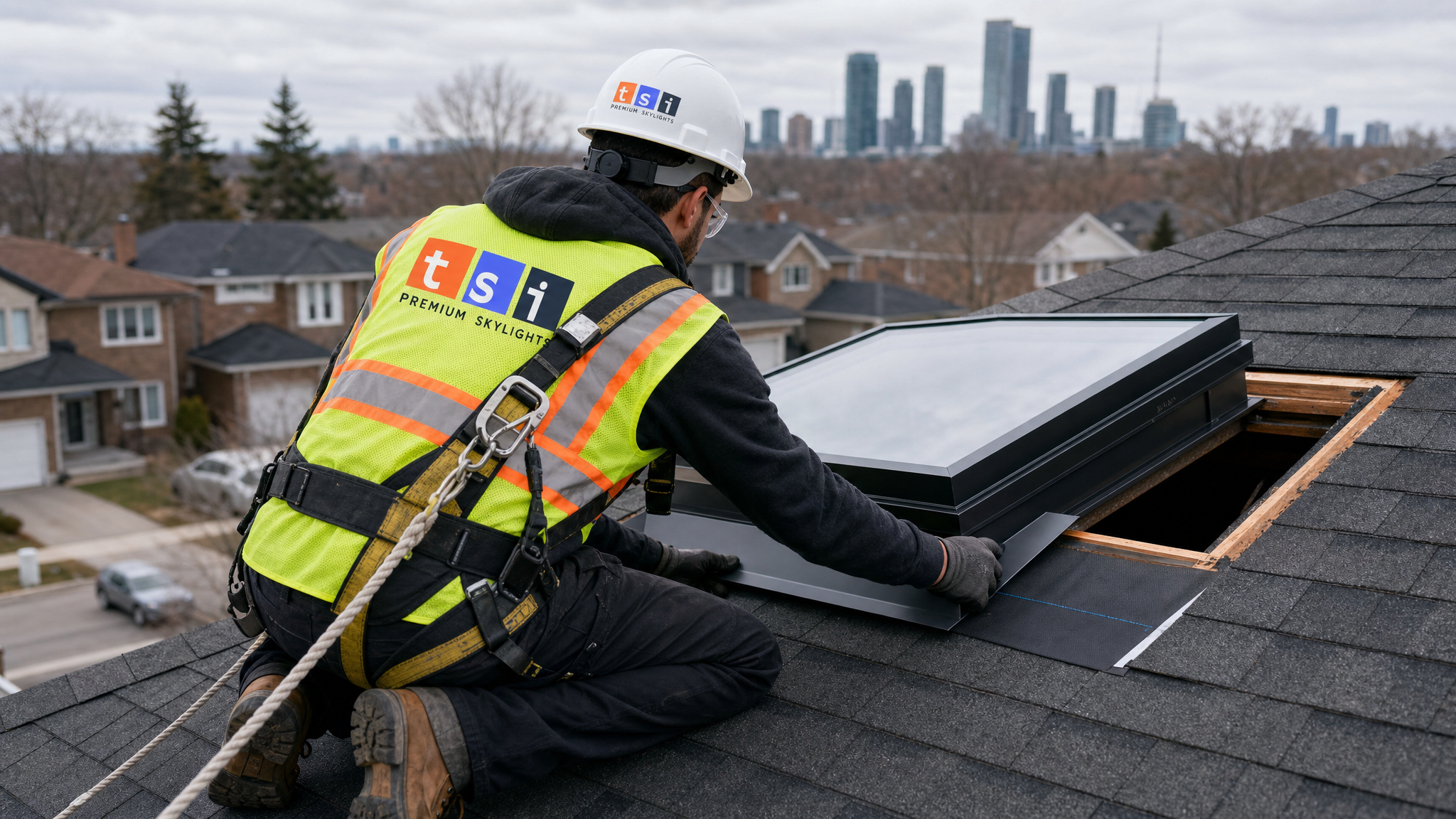 Skylight installer on a residential Toronto roof fitting a VELUX deck-mounted skylight while wearing a fall-protection harness