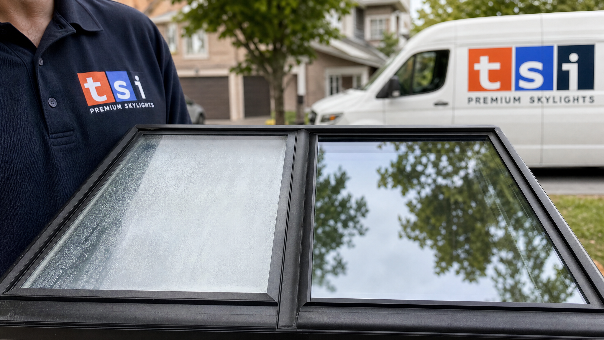Close-up of fogged failed glazing on an old skylight pane next to a clear new double-glazed unit
